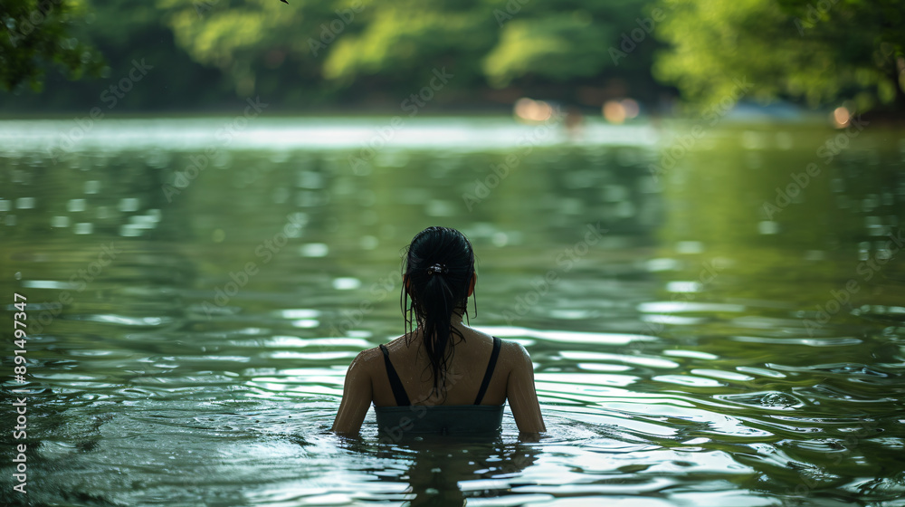 Serene Asian Woman Enjoying Refreshing Lake Dip on a Scorching Summer Day Serene Asian Woman Enjoying Refreshing Lake Dip on a Scorching Summer Day
