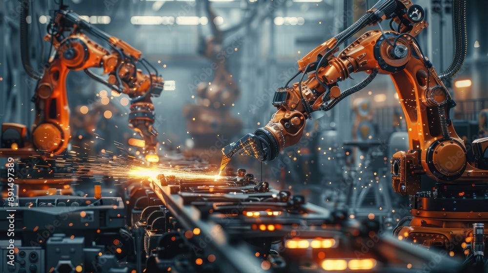 Industrial robotic arms performing fiery precision welding operations in a bright mechanical factory , robotics Industrial robotic arms performing fiery precision welding operations in a bright mechanical factory , robotics