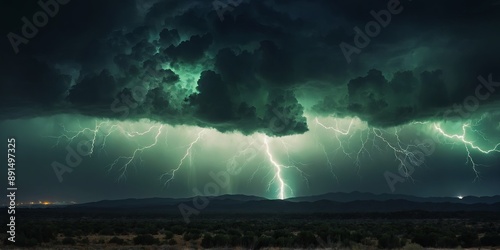 A green lightning strike, storm clouds, magical energy flash with fog border design are presented in the background of a frame with a smoke effect. photo