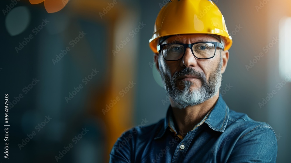 Confident engineer wearing a hard hat and glasses, showcasing expertise in a construction environment with professional focus. Confident engineer wearing a hard hat and glasses, showcasing expertise in a construction environment with professional focus.