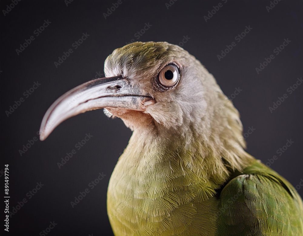 A vivid close-up of a green bird with a long beak against a dark background