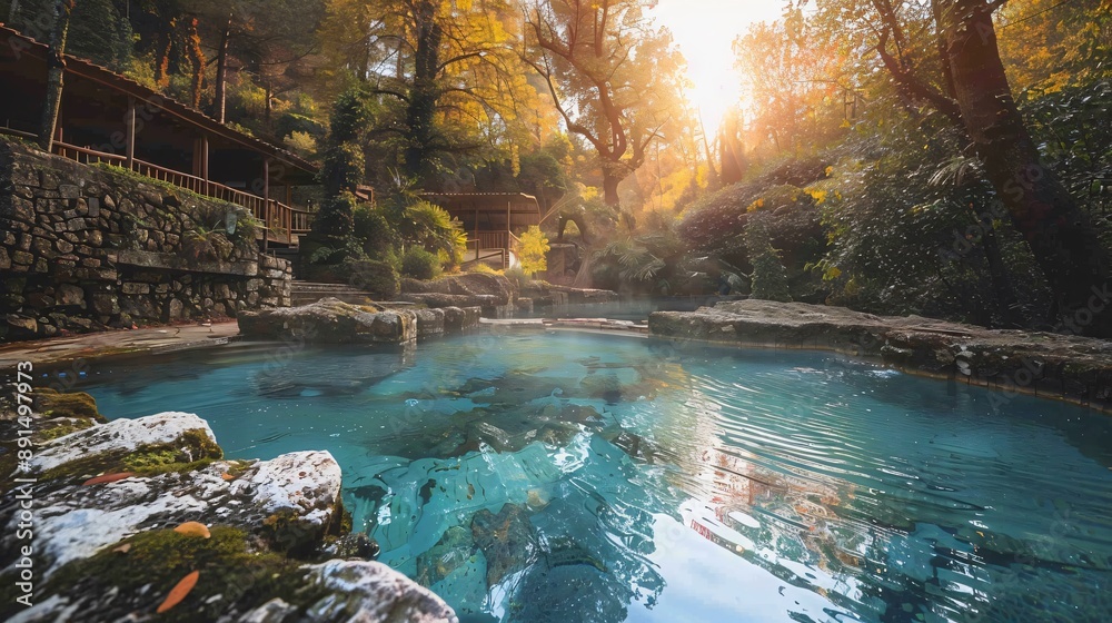 Fototapeta premium A picturesque scene of natural hot springs with detoxifying mineral waters, surrounded by nature