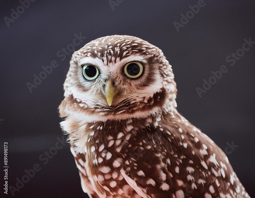 A small burrowing owl with bright yellow eyes and speckled brown feathers stares curiously at the viewer