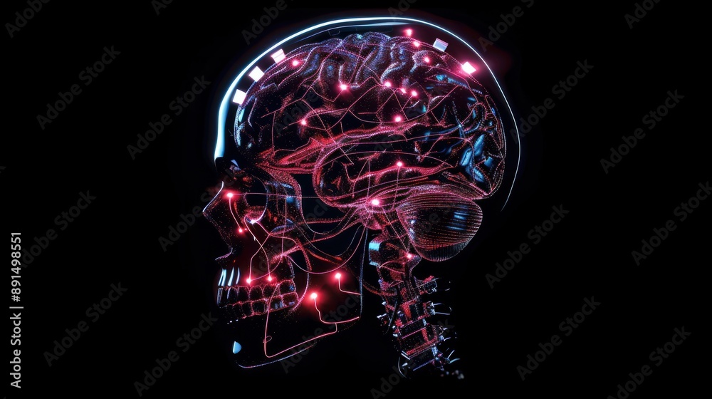 outline of human skull and brain with built-in glowing chips, mind control and management concept, futuristic future outline of human skull and brain with built-in glowing chips, mind control and management concept, futuristic future