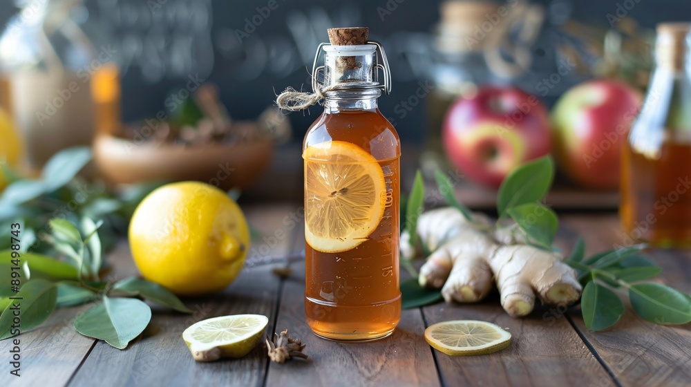 A small glass bottle with ingredients like apple cider vinegar, lemon, and ginger A small glass bottle with ingredients like apple cider vinegar, lemon, and ginger