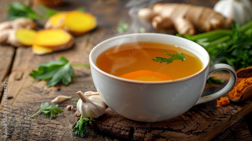 A steaming cup of detoxifying bone broth with ingredients like ginger, turmeric, and garlic A steaming cup of detoxifying bone broth with ingredients like ginger, turmeric, and garlic