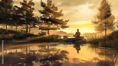 Golden Sunset Reflected on a Tranquil Lake with a Person Seated on a Rock, Embracing Inner Peace and Gratitude, Surrounded by Symbols of Achievements and Personal Growth photo