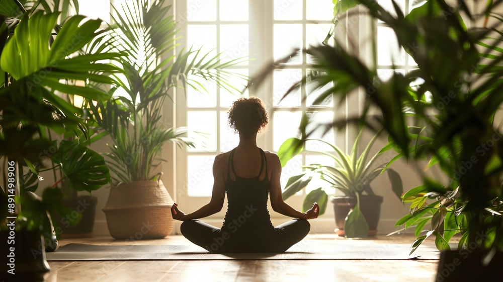 A tranquil yoga studio with a person in a detoxifying yoga pose, surrounded by green plants A tranquil yoga studio with a person in a detoxifying yoga pose, surrounded by green plants