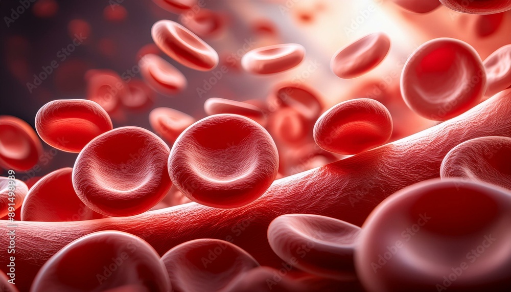 A detailed close-up of red blood cells flowing through a vein, illuminated with a soft, glowing light