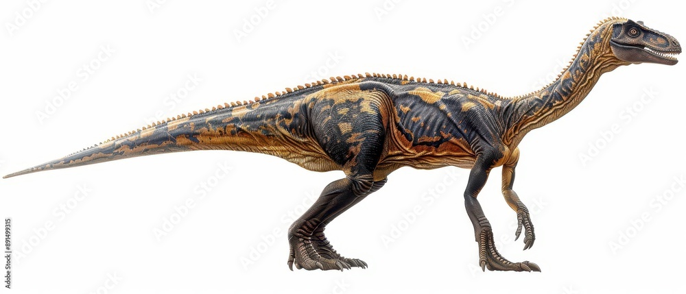 Detailed illustration of a dinosaur walking in profile view. High-quality, realistic rendering of prehistoric creature for educational use. Detailed illustration of a dinosaur walking in profile view. High-quality, realistic rendering of prehistoric creature for educational use.