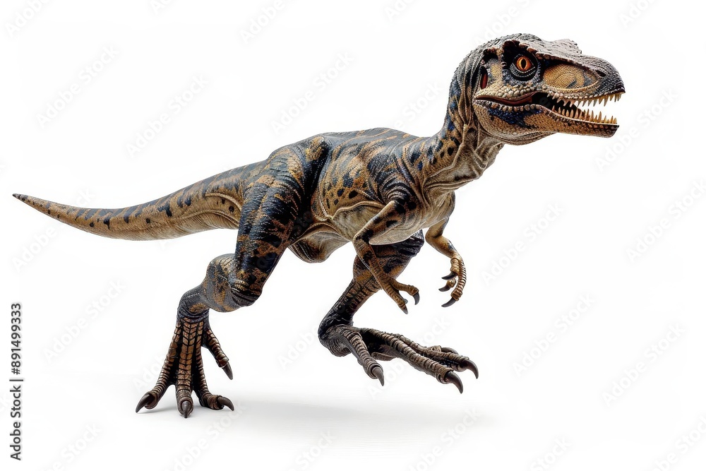 Realistic model of a Velociraptor dinosaur in an action pose, showcasing detailed texture and fierce expression against a white background. Realistic model of a Velociraptor dinosaur in an action pose, showcasing detailed texture and fierce expression against a white background.