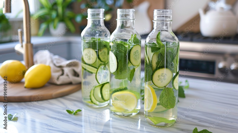 Clear glass bottles filled with detox water infused with cucumber, lemon, and mint leaves Clear glass bottles filled with detox water infused with cucumber, lemon, and mint leaves