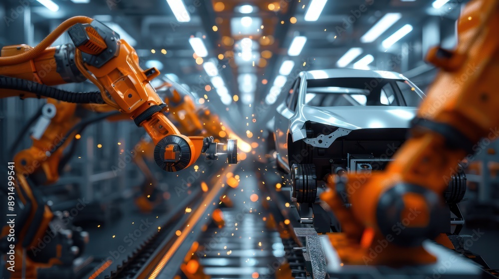 robotic welding of car bodies at car manufacturing factory line robotic welding of car bodies at car manufacturing factory line