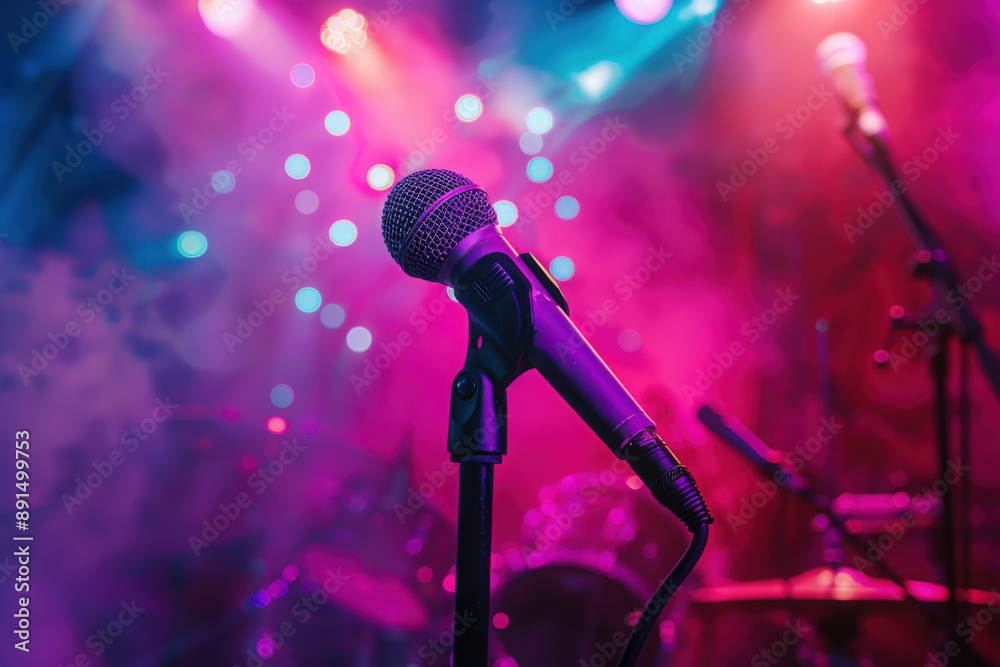 Obraz premium A microphone sits on a stand on stage, ready for a performance. The stage is lit with pink and purple lights, creating a vibrant atmosphere