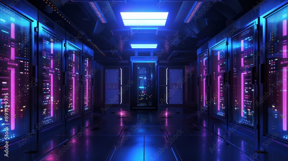 Server room with node base programming data design element.concept of big data storage and cloud computing technology, Ai generated. Server room with node base programming data design element.concept of big data storage and cloud computing technology, Ai generated.