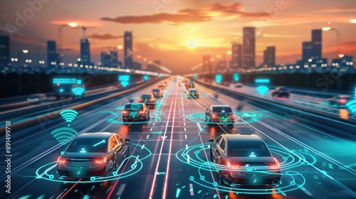 Sensing system and wireless communication network of vehicle. Autonomous car. Driverless car. Self driving vehicle. highway road with self-driving cars with signals around the cars at sunset photo