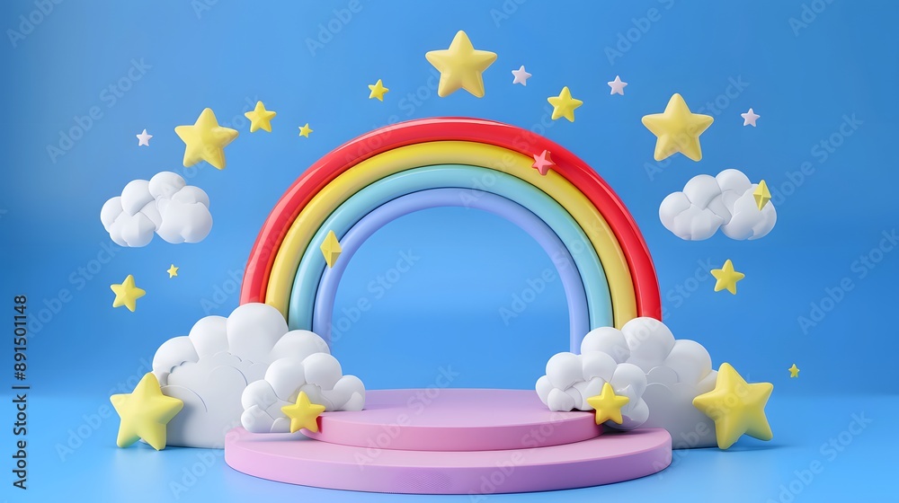 3D cartoon style colorful rainbow podium with cloud and star background. 3D cartoon style colorful rainbow podium with cloud and star background.