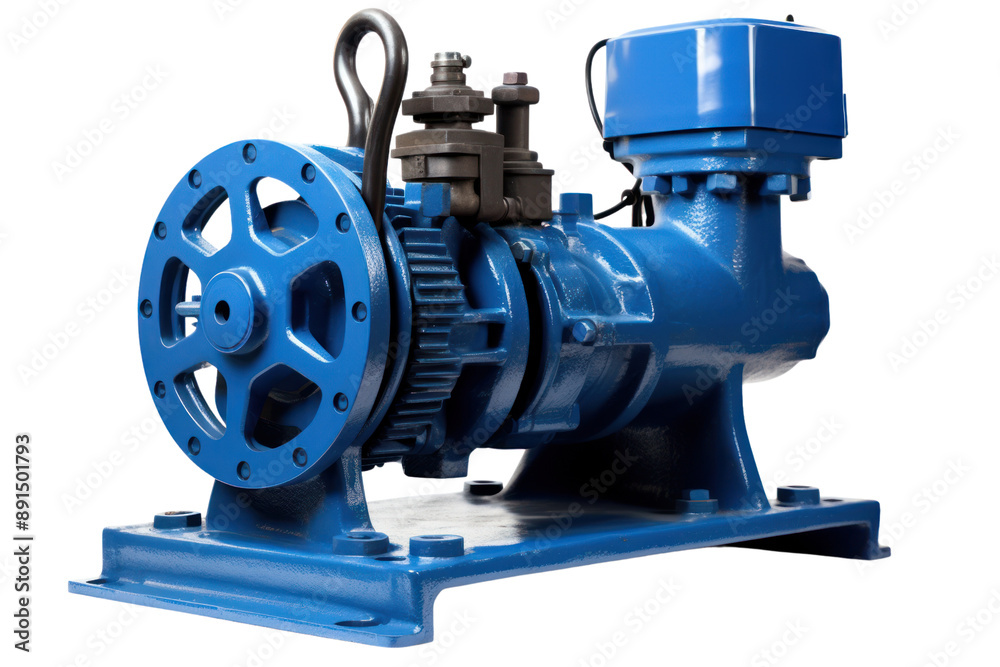 A powerful industrial water pump, showcasing its robust construction and impressive size, isolated on a white background. A powerful industrial water pump, showcasing its robust construction and impressive size, isolated on a white background.
