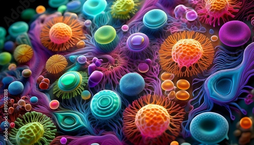 Microscopic view of blood cells with various shapes and colors, highlighting the diversity and complexity of the cellular structure