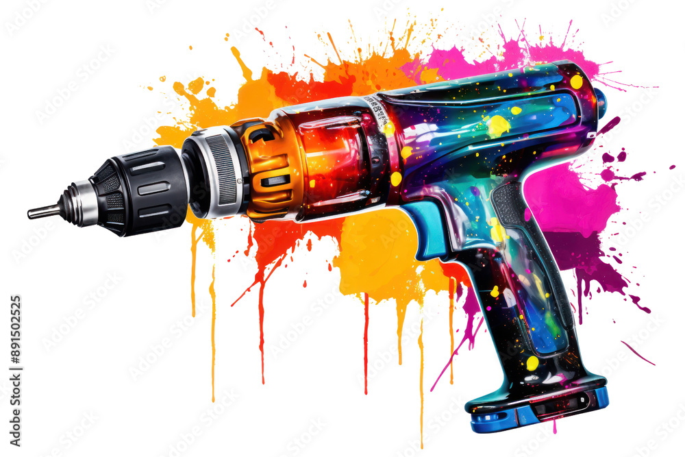 A pop art-inspired image of a colorful electric drill with splattered paint effects, isolated on a white background. A pop art-inspired image of a colorful electric drill with splattered paint effects, isolated on a white background.