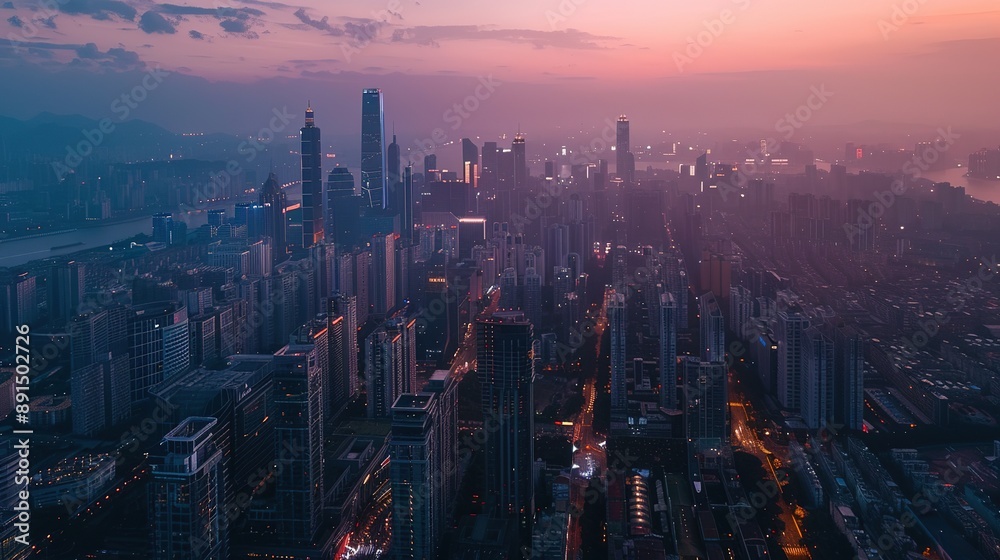Fototapeta premium Panoramic aerial view of Shenzhen cityscape at dusk, showcasing modern high-rise buildings and urban skyline. Bustling metropolis in China with stunning skyscrapers, modern architecture