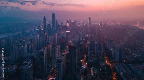 Panoramic aerial view of Shenzhen cityscape at dusk, showcasing modern high-rise buildings and urban skyline. Bustling metropolis in China with stunning skyscrapers, modern architecture photo