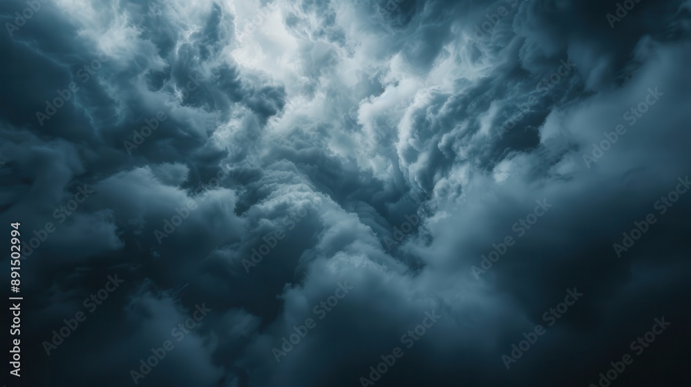 Fototapeta premium This image captures thick dark clouds gathering ominously in the sky, offering a powerful visual representation of impending weather changes and atmospheric drama.