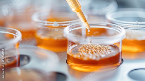 A laboratory technician is seen using a pipette to carefully transfer liquids onto orange-colored culture dishes, highlighting the precise and critical nature of scientific experiments. photo