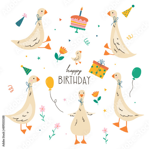 Set of cartoon geese. Funny goose with birthday cap and lettering Happy Birthday. Funny birthday card design Isolated on white background. Good for posters, t shirts, postcards.