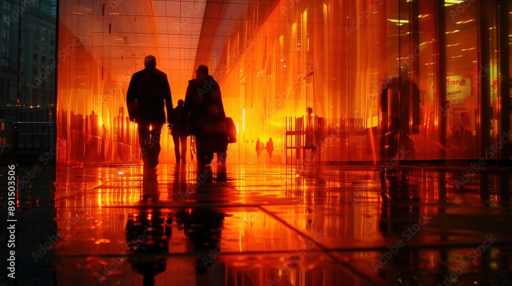 Fototapeta premium Silhouetted figures walking through a city at dusk, with a glowing orange sky and reflective surfaces