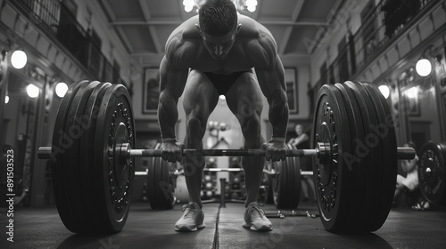 Male bodybuilder exercising with barbell