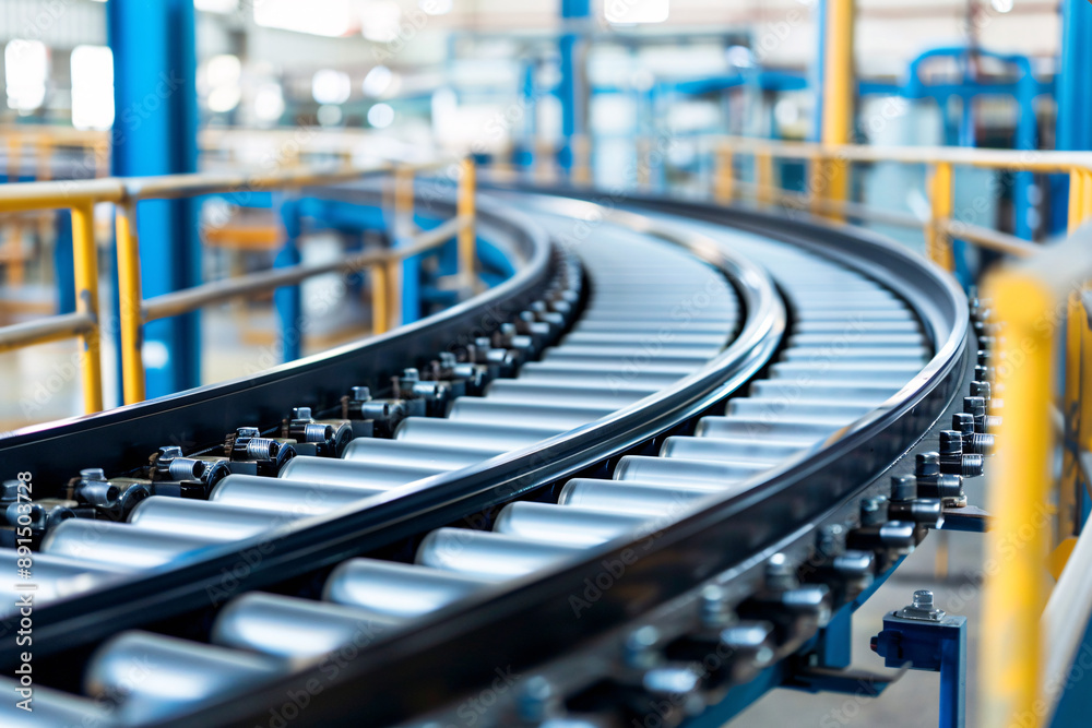 Obraz premium Detailed view of a factory conveyor belt system curving through an industrial setting emphasizing the mechanical equipment