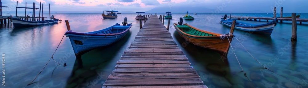 Naklejka premium A row of boats are docked at a pier
