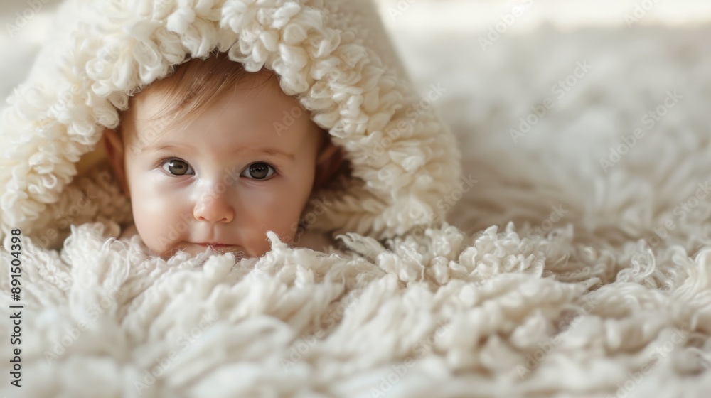 A serene baby peeks out from under a cozy, fluffy blanket. The infant's expression reflects peace and gentle curiosity in this soft, intimate moment captured perfectly.