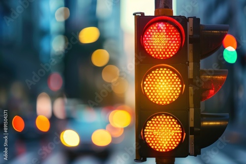 A city crossing with a semaphore. Red and yellow light in semaphore on bokeh street background