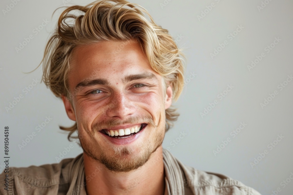 A close-up portrait photograph of an attractive blonde Scandinavian man grinning, showcasing his teeth