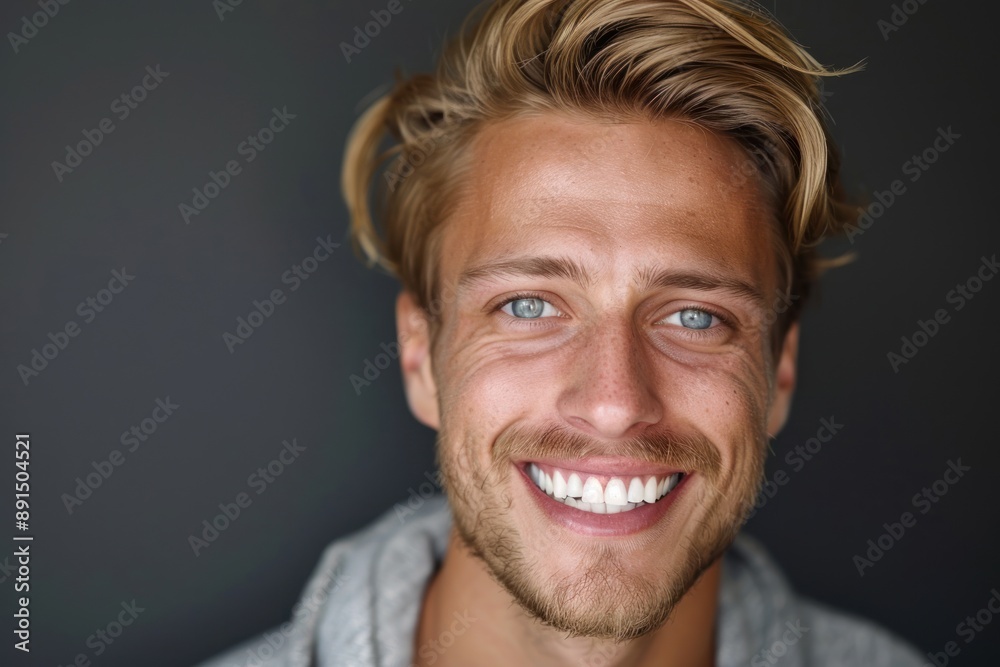 A close-up portrait photograph of an attractive blonde Scandinavian man grinning, showcasing his teeth A close-up portrait photograph of an attractive blonde Scandinavian man grinning, showcasing his teeth