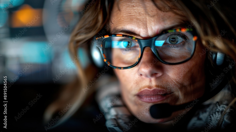 A person wearing glasses and a headset, intensely focused on their work. The background suggests a professional setting, emphasizing dedication and attention to detail. A person wearing glasses and a headset, intensely focused on their work. The background suggests a professional setting, emphasizing dedication and attention to detail.