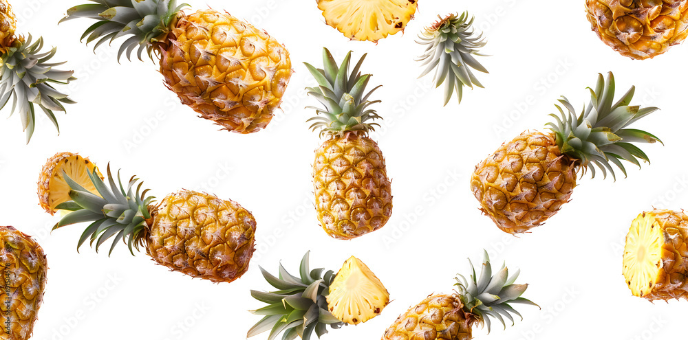 Fresh juicy tropical fruit pineapple flying isolated on white background Fresh juicy tropical fruit pineapple flying isolated on white background