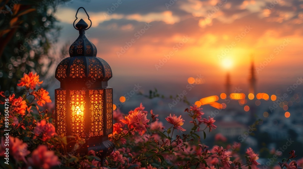 Fototapeta premium happy Ramadan Kareem with golden lanterns and sunset