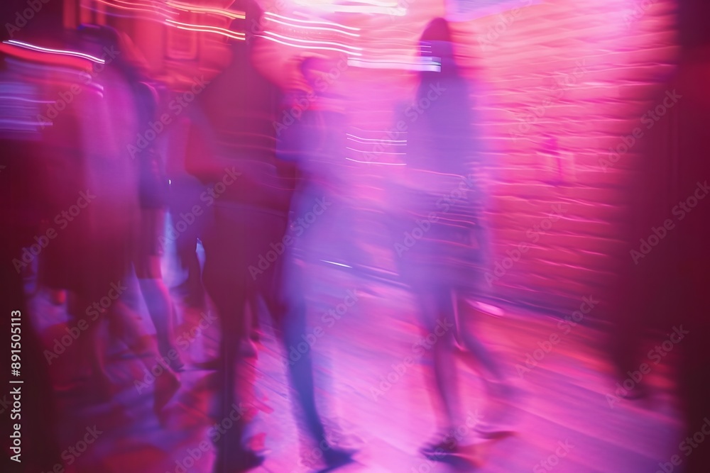 abstract blur photo of a nightclub with pink and purple lights, blurry figures dancing in the background against red brick walls on the dancefloor. abstract blur photo of a nightclub with pink and purple lights, blurry figures dancing in the background against red brick walls on the dancefloor.