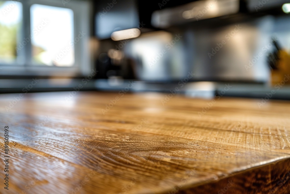 Wooden Tabletop in a Blurred Kitchen Wooden Tabletop in a Blurred Kitchen