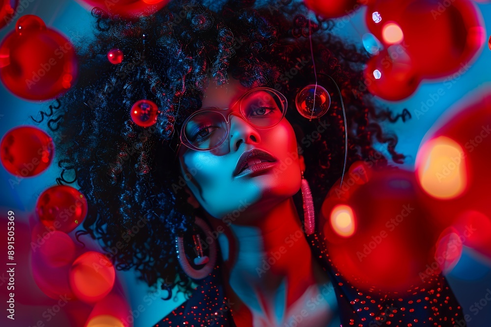 A fashion photoshoot of an afrofuturistic woman with large curly hair, wearing plastic lensed glasses and headphones dancing in the dark surrounded by floating red glass balls. The photography used do A fashion photoshoot of an afrofuturistic woman with large curly hair, wearing plastic lensed glasses and headphones dancing in the dark surrounded by floating red glass balls. The photography used do
