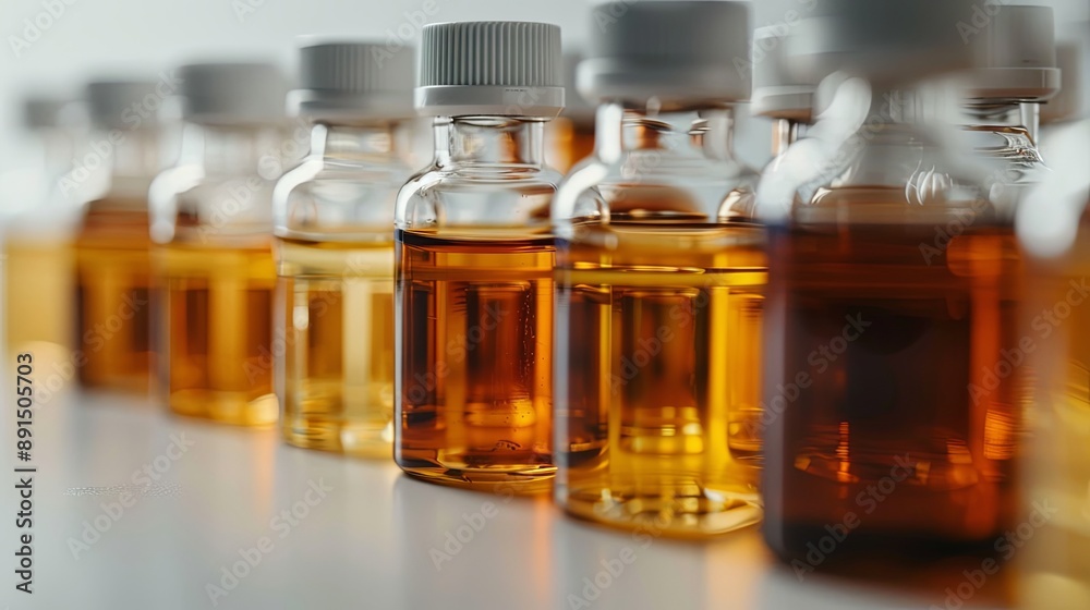 Set of immune serum vials. Cure in bottles. Glass containers for fluid samples in a research lab Set of immune serum vials. Cure in bottles. Glass containers for fluid samples in a research lab