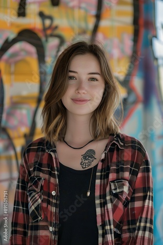 A beautiful young woman with shoulder-length brown hair stands in front of the background of graffiti art on walls, wearing a black T-shirt and plaid shirt jacket, smiling at the camera. The photograp