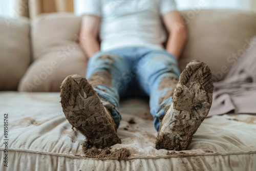 a person with dirty, muddy feet is sitting on a light gray couch. The person is dressed in casual attire