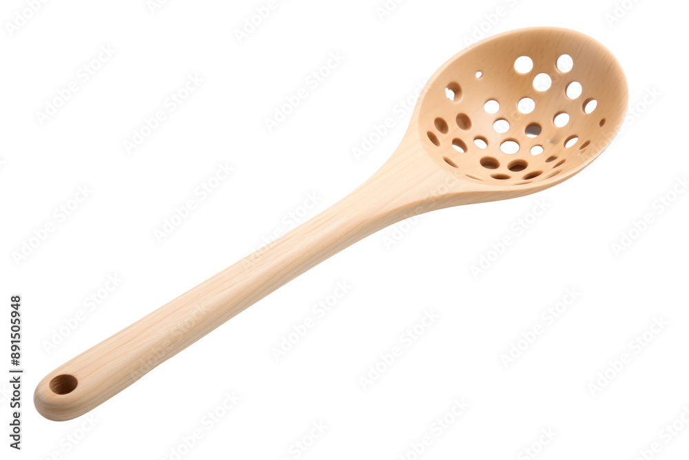A pasta ladle with holes for draining water and a long handle, isolated on a white background