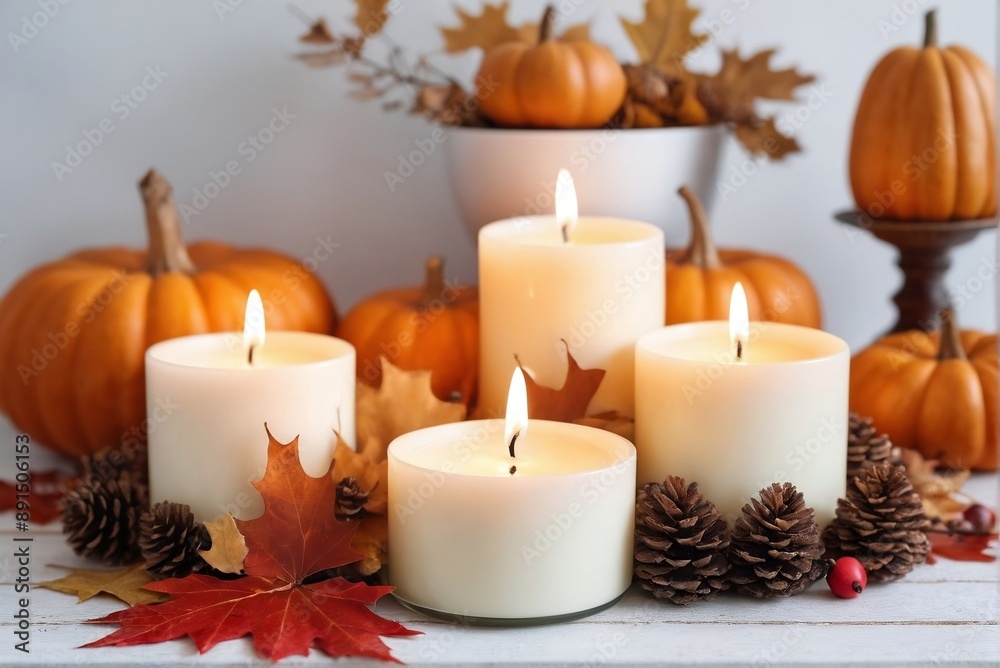 Burning candles on the whit table with the autumn decor in the living room. Cozy Autumn Home Decor Burning candles on the whit table with the autumn decor in the living room. Cozy Autumn Home Decor