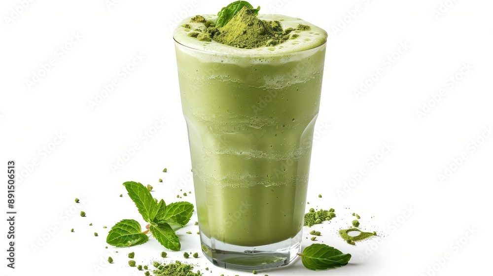 Refreshing iced matcha latte with foamy top and mint leaves garnish, isolated on white background, perfect for healthy lifestyle concepts. Refreshing iced matcha latte with foamy top and mint leaves garnish, isolated on white background, perfect for healthy lifestyle concepts.
