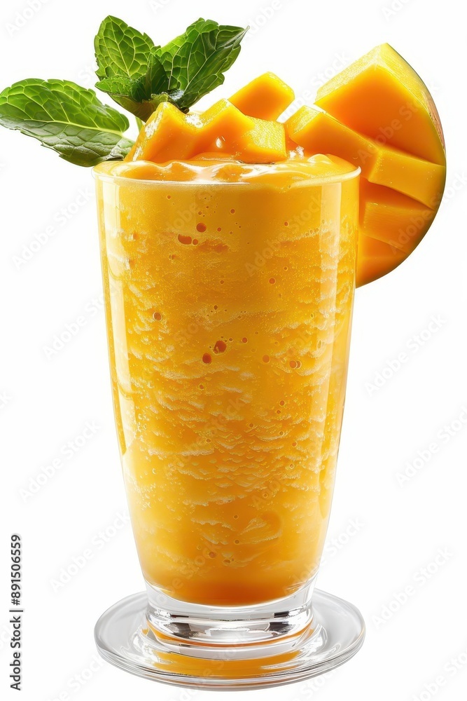 Fototapeta premium Refreshing mango smoothie with mint garnish in a clear glass, perfect for a tropical and healthy beverage.